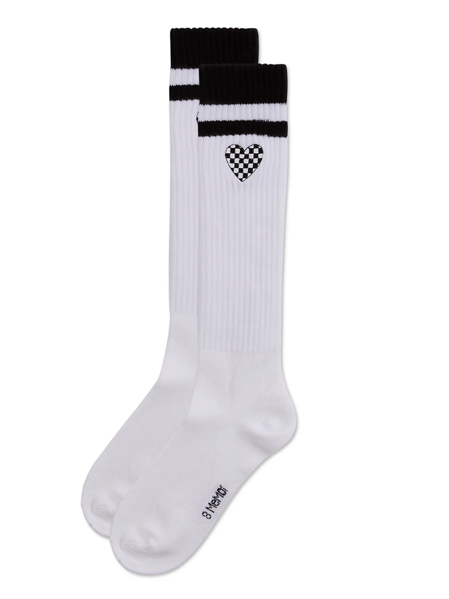 Grils Ribbed Stripe/Checkered Heart Cotton Rich Knee Sock